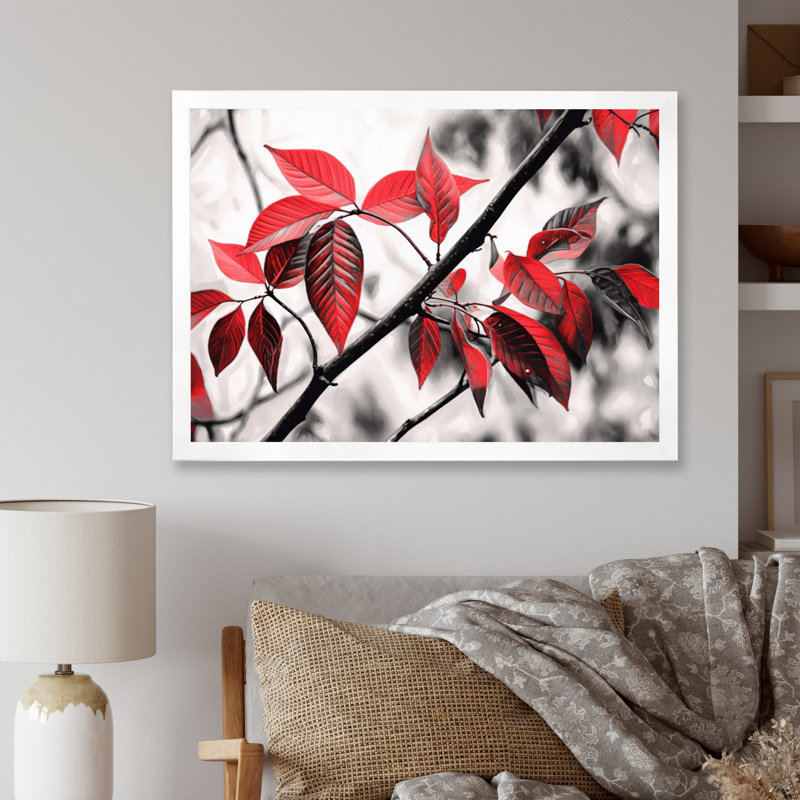Feuilles rouges et grises sur un arbre II, Cadre photo blanc, H 30 po x l 40 po x P 1,5 po