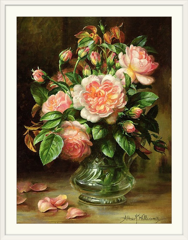 «Alexica English Elegance Roses in a Glass», reproduction de peinture à l'huile, H 24 po x l 20 po x P 1 po, Cadre blanc