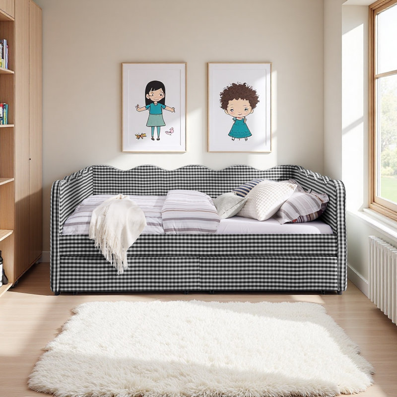 Lit de jour confortable en vichy avec deux tiroirs de rangement, avec port USB et adorable forme de vague, Grand lit, Noir