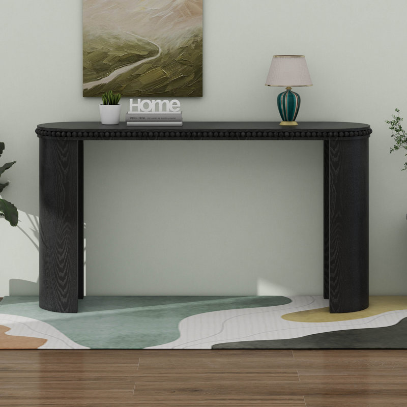 Wood Arched Console Table With Wood Beads, Mid Centeury Modern Curved Entryway Table, Black