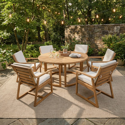 7-Piece Round Acacia Wood Patio Dining Set with Ergonomic Chairs and Removable Cushions