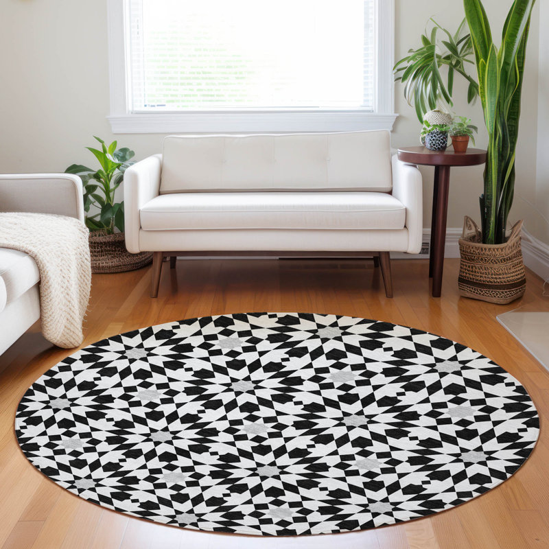 Premium Machine Washable Tweedy Black Rug, Round 8'
