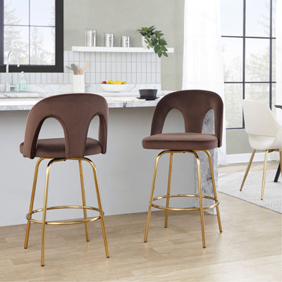 Tabouret de comptoir à hauteur fixe avec pivot en métal doré et velours avec repose-pieds rond en métal doré - ensemble de 2