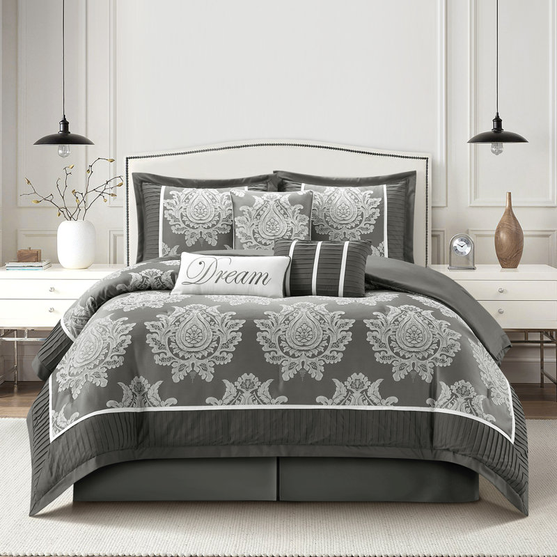 Therese 7 Piece Traditional Damask Comforter Set, King Comforter + 6 Additional Pieces, Gray