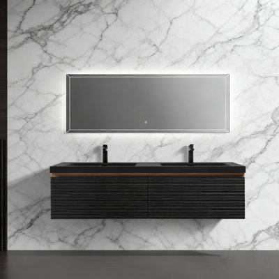 Meuble-lavabo flottant mural 60 po avec double comptoir en quartz noir en chêne naturel et noir - Pré-assemblé
