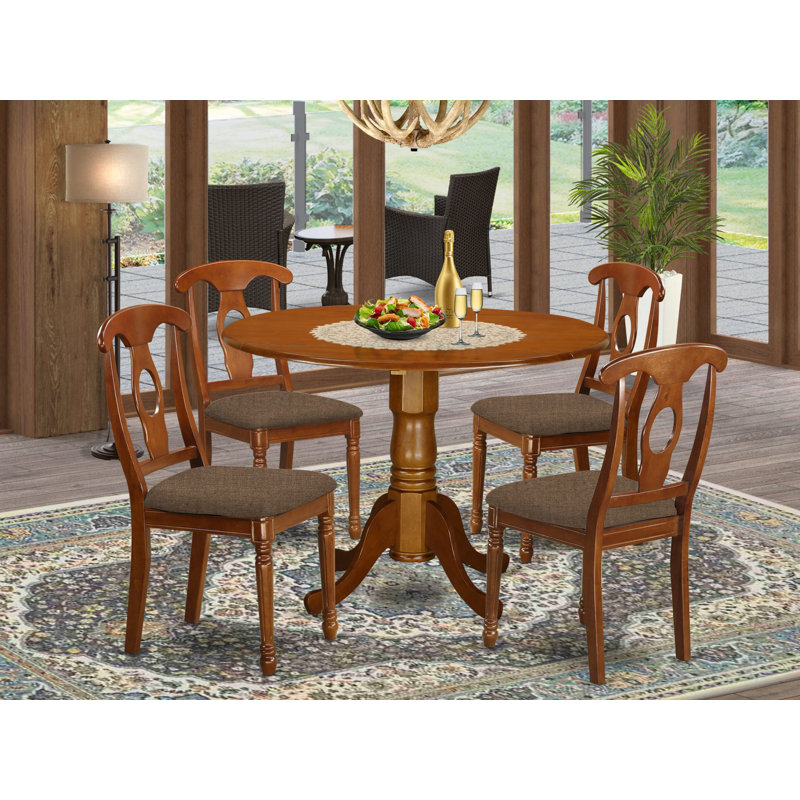 Maytham Solid Wood Top Pedestal Dining Set, 5 Pieces: Table, 4 Chairs, Saddle Brown with cushion