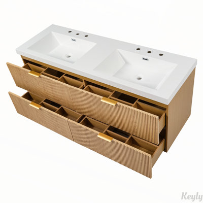 Meuble-lavabo double 59,3 po avec plateau SMC, armoire en panneau de fibres à densité moyenne peint, tiroirs à fermeture en douceur, meuble-lavabo mural moderne