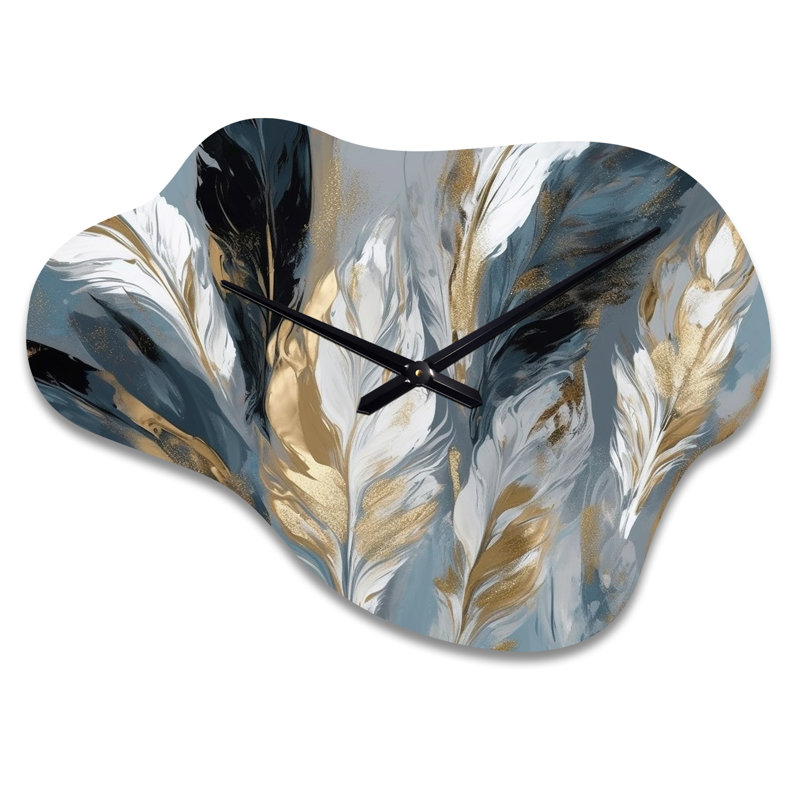 Or et gris Impressions de l'énergie bohémienne I - horloge murale asymétrique en plumes Boho, Petit