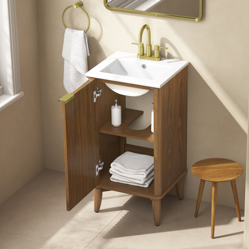 Meuble-lavabo autoportant de 18 po Gabi en noyer chaud, plateau en pierre d'ingénierie blanche, quincaillerie or brossé