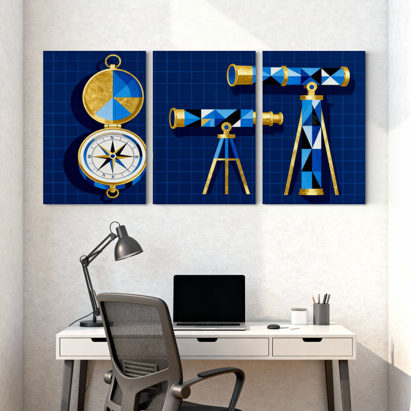 Ensemble de 3 impressions sur toile, boussole et or, H 18 po x l 36 po