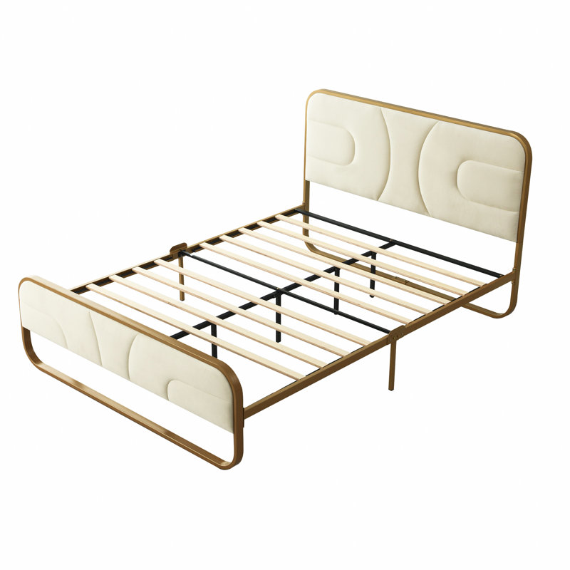 Nelsie Upholstered Platform Bed with Velvet Tufted Headboard, Queen, Beige