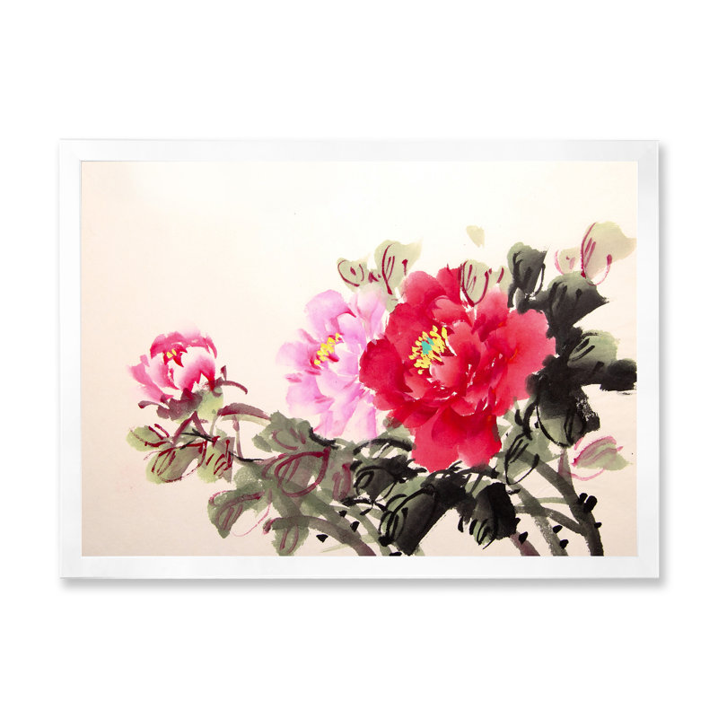 Encre de pivoine chinoise - reproduction sur toile, H 8 po x l 12 po x P 1 po, Toile blanche avec cadre photo
