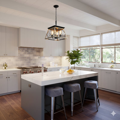 A Four-Light Farmhouse-Style Chandelier With An Oak Finish, Designed For Dining Rooms (Bulbs Are Not Included).