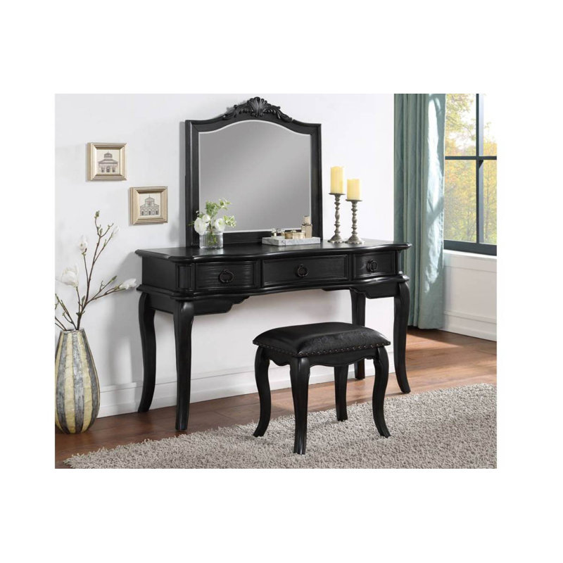 Ensemble coiffeuse avec tabouret et miroir Macarter, Noir antique