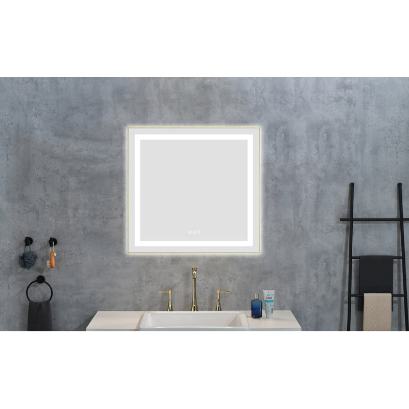 Modern 30 X 28 Inch Led Bathroom Mirror With Front And Backlight, Wall Mounted Vanity Mirror, 28" H x 30" W, Brushed Gold