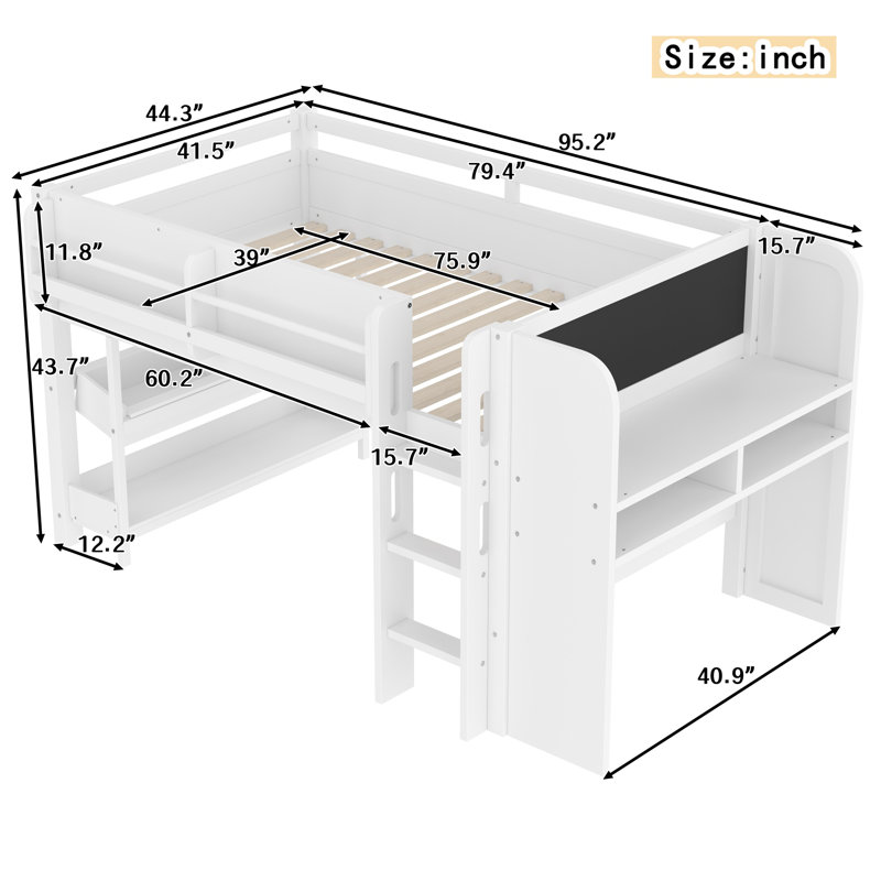 Lit mezzanine simple avec bureau, tableau noir et tiroirs multi-rangements, lit mezzanine bas en bois massif, sans sommier, blanc
