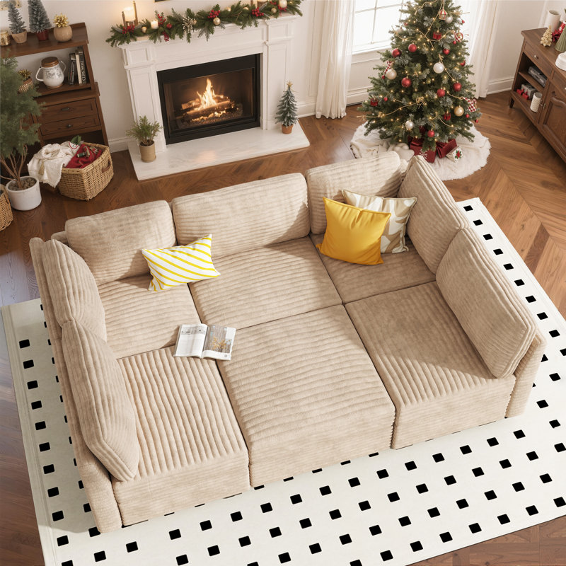 Benevides Corduroy Section Sofa Combination, 5 Seats, With Ottoman, Can Be Combined At Will, Beige Corduroy