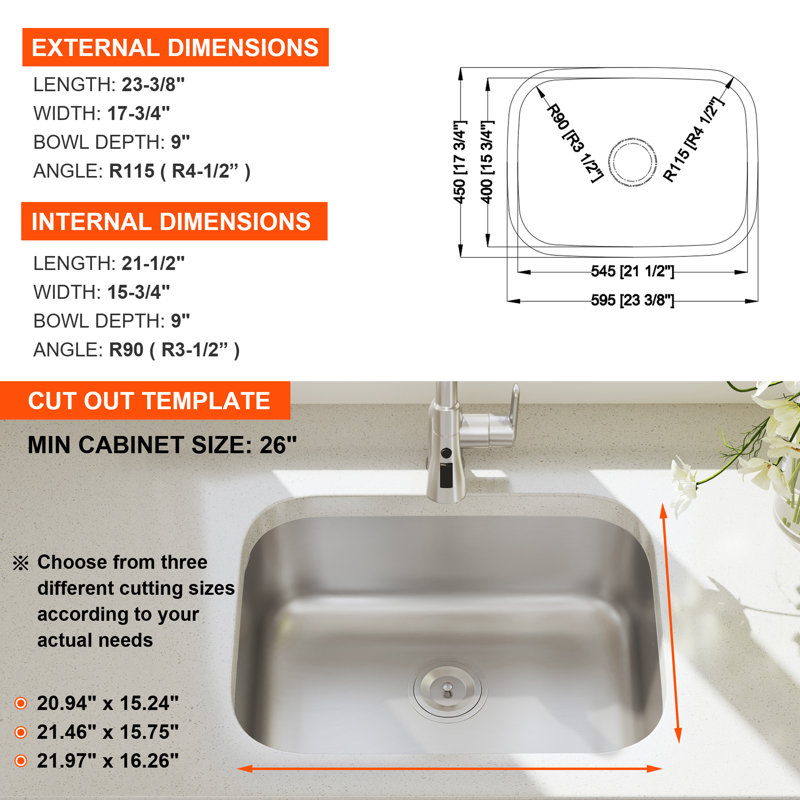 Blenzia 23 Inch Undermount Kitchen Sink Curved Shape 18 Gauge 304 Stainless Steel Single Bowl Sinks with Strainer 23" x 18" x 9"