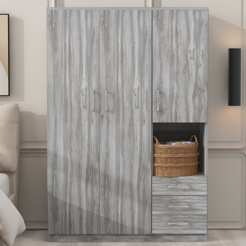 Armoire Charlie en bois avec tablettes, tringle et tiroirs, Gris
