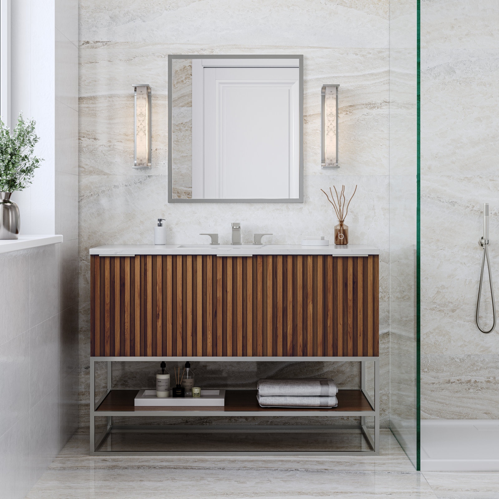 Terra 48'' Single Bathroom Vanity, Walnut, Brushed Nickel, Calacatta Quartz/Widespread Faucet Mount
