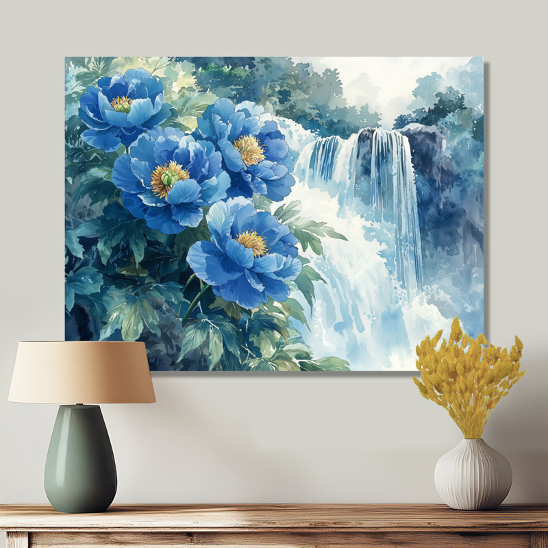 Goldye pivoines par la cascade IV - décorations murales pivoines, Toile tendue, Ne s’applique pas, H 24 po x l 32 po
