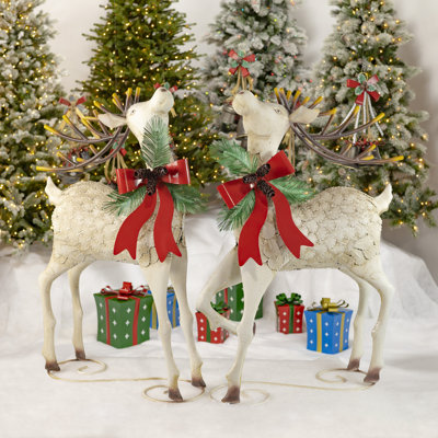 2 Piece Iron Reindeer with Pinecone Bow Decorative Accent Set