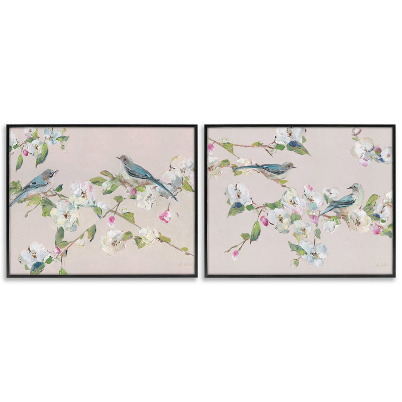 «Expressive Flower View with Birds», ensemble de 2 impressions giclées encadrées, design par Sally Swatland