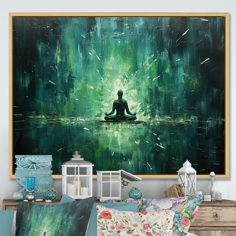 Green Yoga Bliss 2 - Art mural yoga, Cadre flottant brun, H 12 po x l 20 po x P 1 po