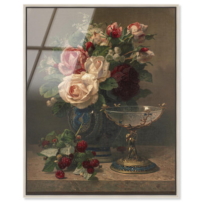 Nature morte avec roses, art mural en verre acrylique ultrabrillant encadré par Art Remedy, cadre argenté, 24 x 30