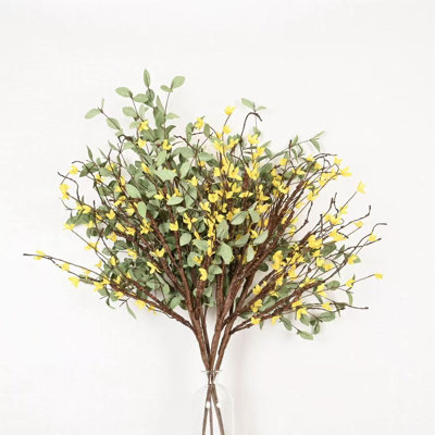 36" Artificial Forsythia Floral Arrangement For Vase Filler, Farmhouse Twig Eucalyptus Branch Long Stem Floral Bulk Bouquet For Wedding Party Home Office Table Centerpiece Shelf Decorations