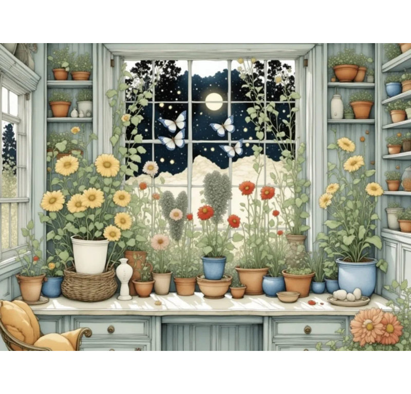 Salon de jardin fantaisiste avec lune et papillons, H 24 po x l 36 po