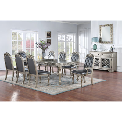 Formal 1pc Dining Table w 2x Leaves Only Silver / Grey Finish Antique Design Rubberwood Large Family Dining Room Furniture