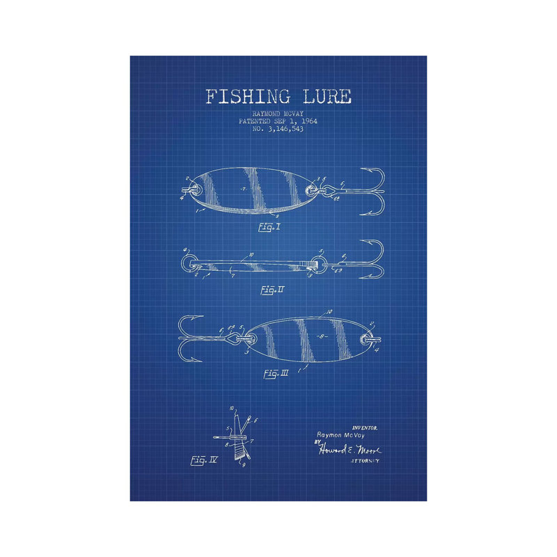 Raymond McVay Fishing Lure Patent Sketch (Blue Grid) III by Aged Pixel - Wrapped Canvas Print