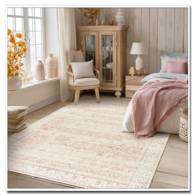 Vintage Pink 4X6 Washable Non-Slip Rug Floral Carpet For Entryway Kitchen Laundry Room