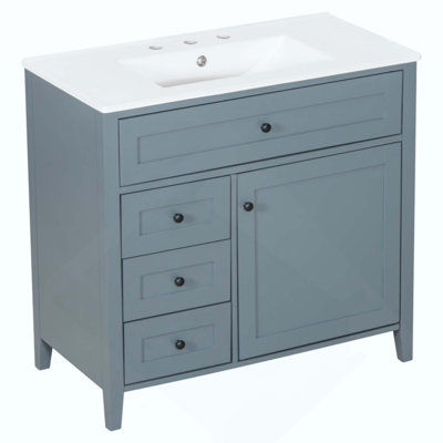 Meuble-lavabo de salle de bain avec lavabo, armoire en bois d'hévéa moderne avec 3 tiroirs et tablette réglable, meuble-lavabo autoportant pour le rangement et l'organisation de la salle de bain
