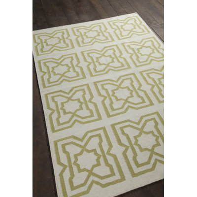 Chevella Authentic Handmade Green Reversible Geometric Shapes Ivory Wool/Cotton Blend Flatweave Indoor Area Rug