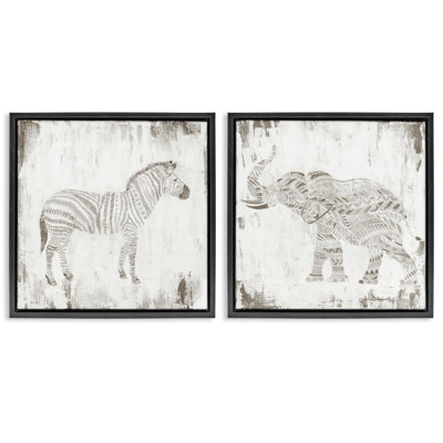 Ensemble de 2 toiles flottantes encadrées Zebra & Elephant Boho Stripes, design par Janet Tava