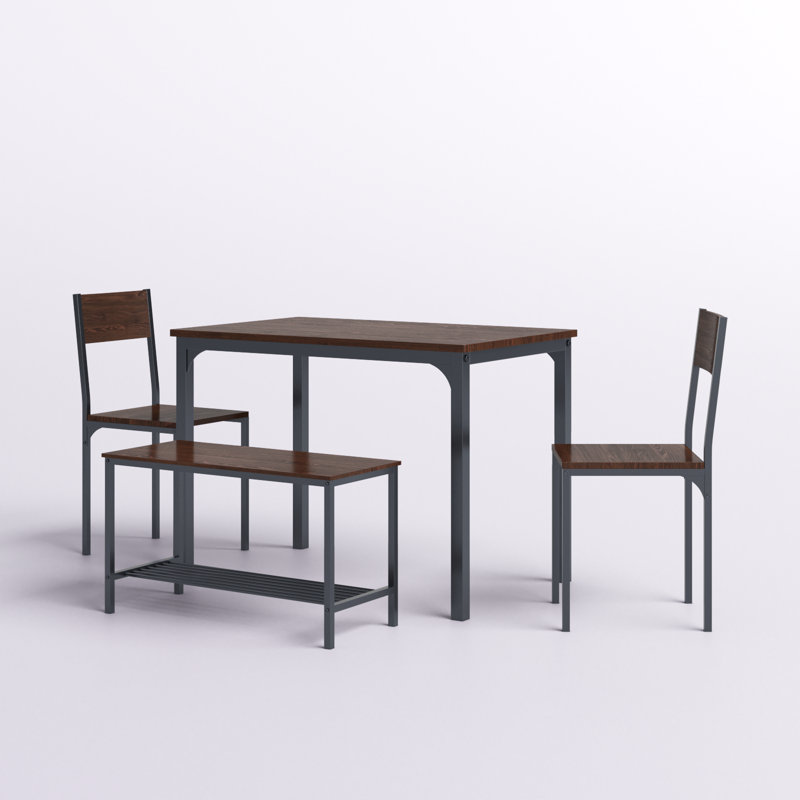 Pickell 4-Person Dining Table Set, 2 Chairs With Backrest,2-Person Bench With Storage Rack, Walnut