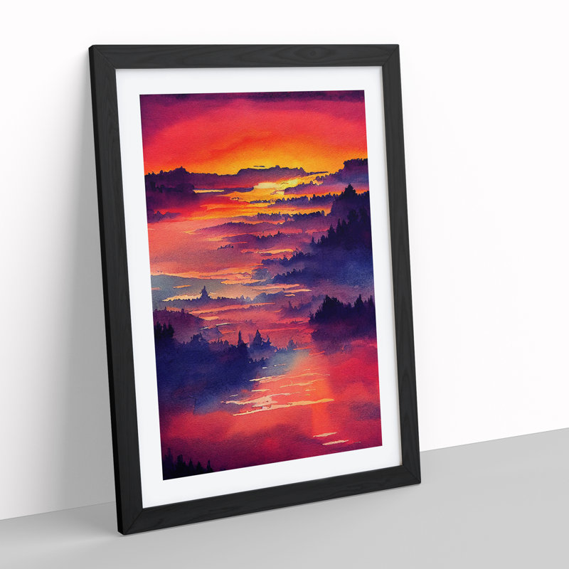 Sunset over Mountains - Wall Art, Black Framed Paper, 66cm H x 48cm W x 2cm D, White