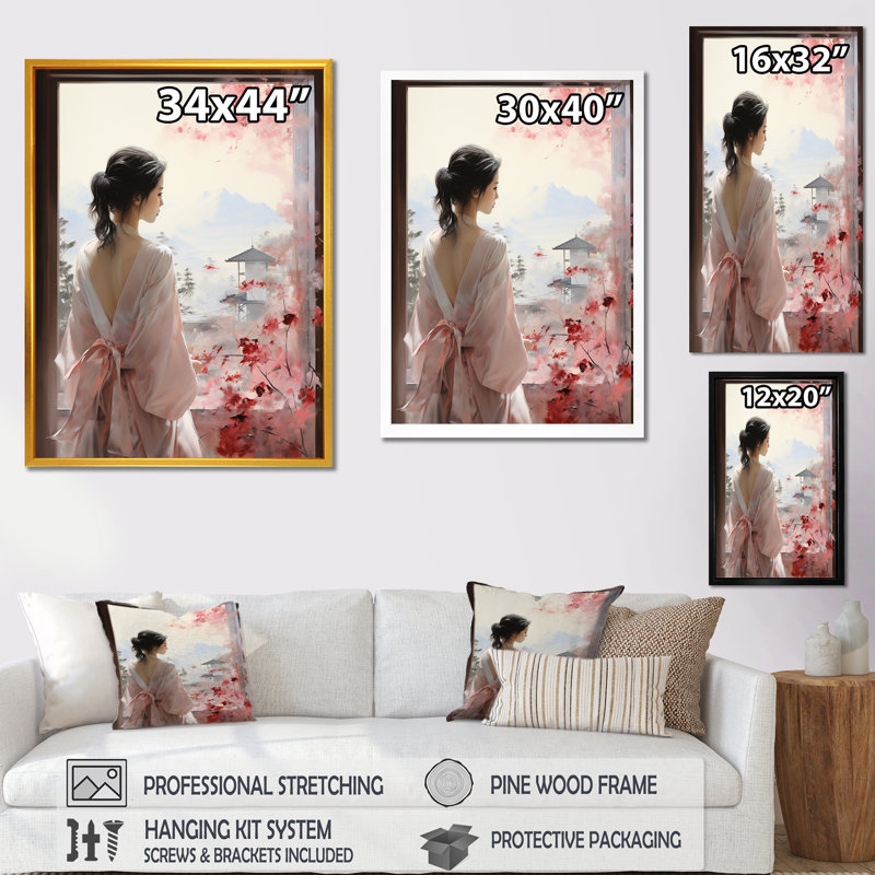 Arbre rose, femme japonaise vue de fenêtre III - Japon, art mural, Cadre flottant noir, H 20 po x l 12 po x P 1 po
