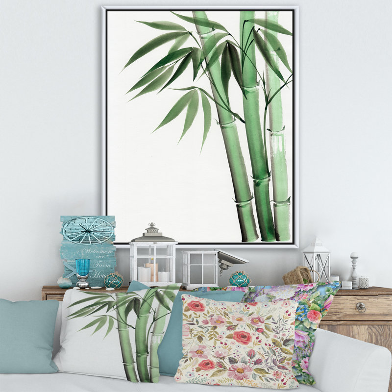 Palmier en bambou, détail II - peinture sur toile, H 32 po x l 24 po x P 1 po, Cadre flottant blanc