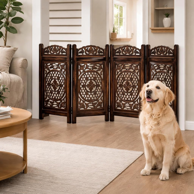 Solid Wood & MDF Freestanding Pet Gate with Ornate Carved Design