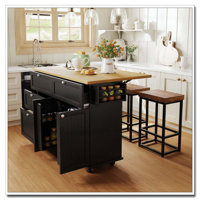 Farmhouse Kitchen Island on Wheels with Drop Leaf and 2 Seatings, Kitchen Cart Set with Storage Cabinet, Drawers, Door Shelves and Power Outlet