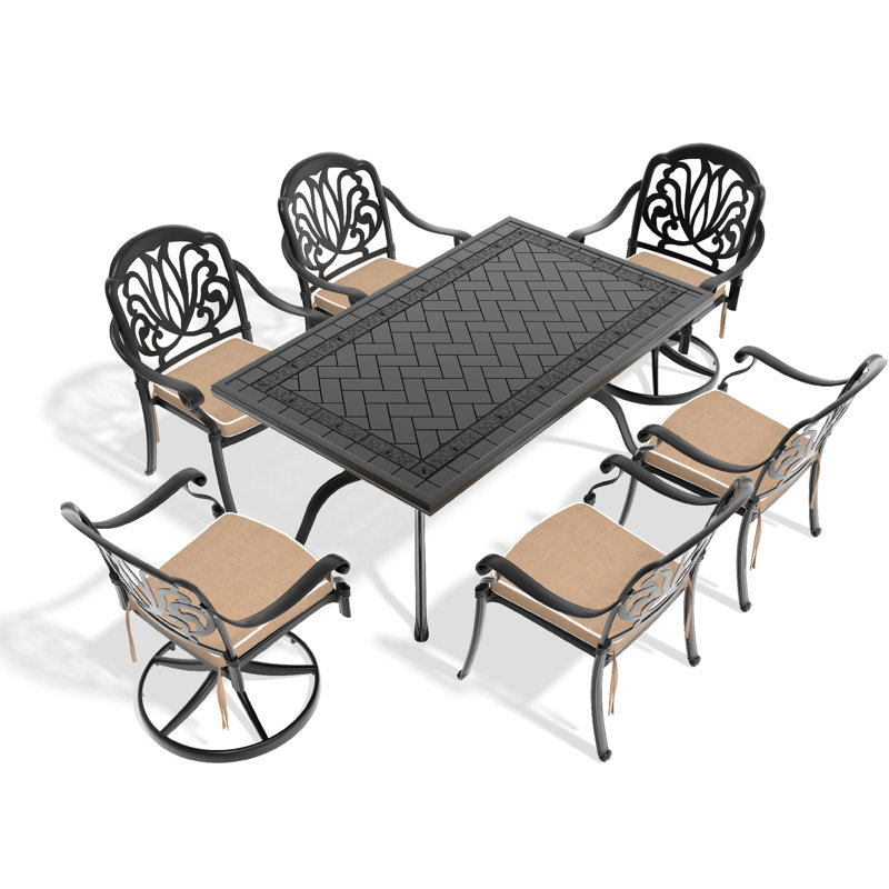 7 chaises de salle à manger en aluminium coulé pour l'extérieur - 2 chaises pivotantes, 4 chaises et table rectangulaire - matériaux de fabrication noirs - capacité de siège de 350 lb - coussins de 160 lb - fini de surface protégé contre les intempéries