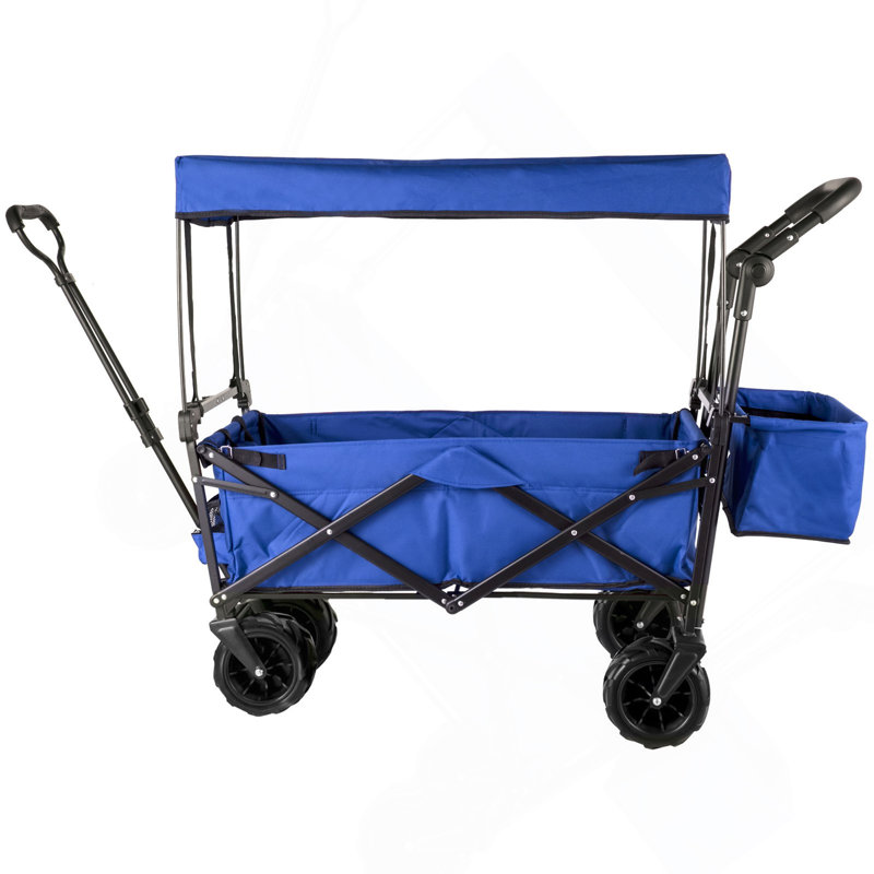 Très grand chariot de jardin pliable avec auvent amovible, chariots pliants avec roues et rangement arrière, chariot, Bleu