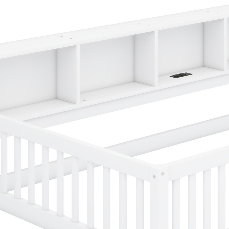 Base de lit au sol avec armoires de rangement intégrées et ports USB, White