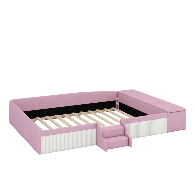 Lit de jour rembourré avec escalier et repose-pieds avec rangement à gaz, Queen Size, Rose et blanc