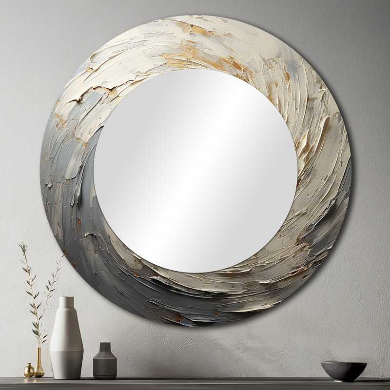 Gris et or mystiques spirales - miroir mural décoratif spirales abstraites, miroir rond moderne, art imprimé en métal