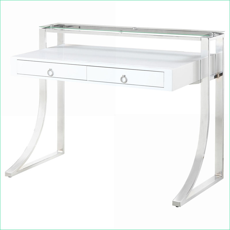 Bureaux, bureau d'écriture moderne avec 2 tiroirs Huche en verre | Blanc brillant | Bois aggloméré + métal