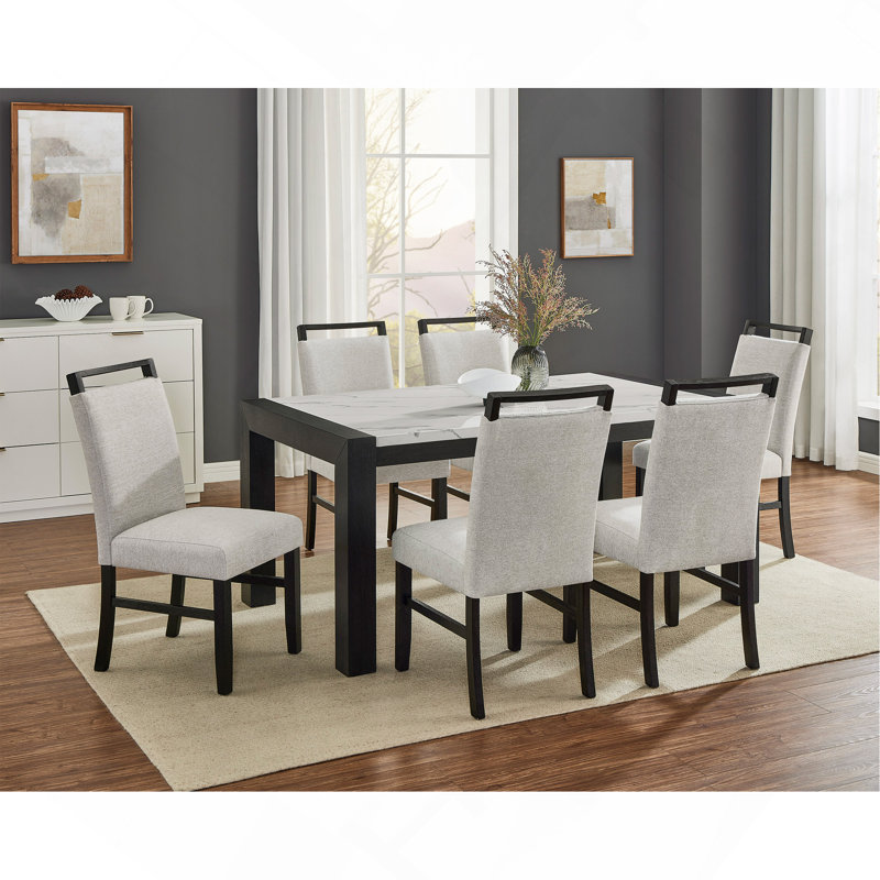 Ensemble de salle à manger 7 pièces, contemporain, rectangulaire, en bois blanc, rembourré, meubles de salle à manger